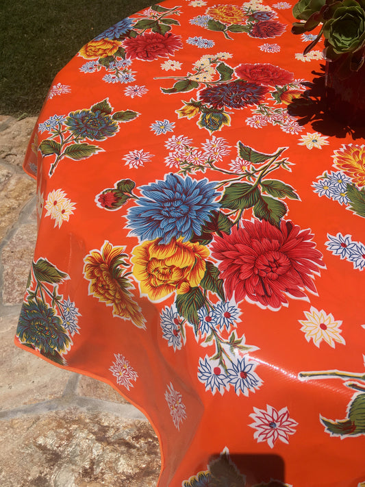 Round Orange Mums Oilcloth Tablecloths