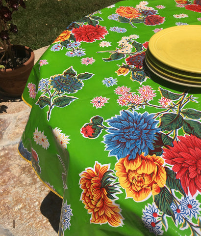 Round Green Mums Oilcloth Tablecloth