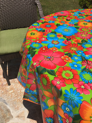 Round Green Flora Oilcloth Tablecloth