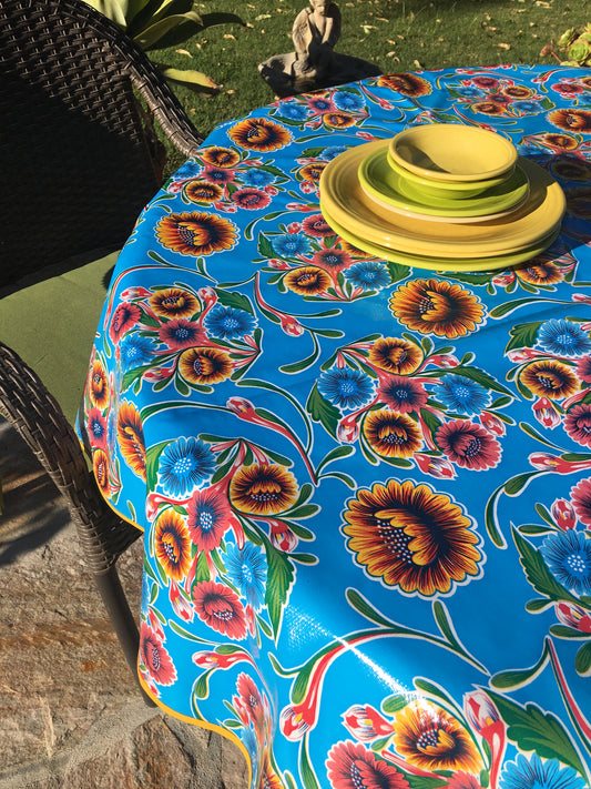 Round Light Blue Spring Bloom Oilcloth Tablecloths
