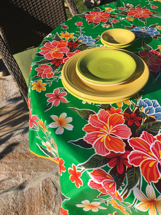 Round Green Hibiscus Oilcloth Tablecloths