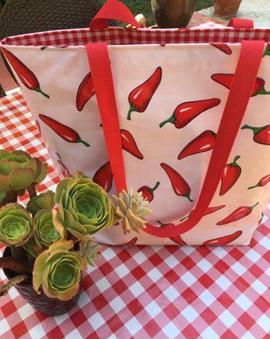 Reversible Oilcloth Totebag - White Chili Pepper with Red Gingham