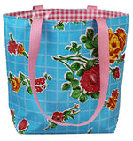 Reversible Oilcloth Totebag - Aqua Roses with Pink Gingham