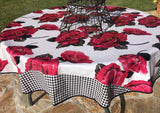 Round Magenta Blossom Oilcloth Tablecloth with Black Gingham Borders