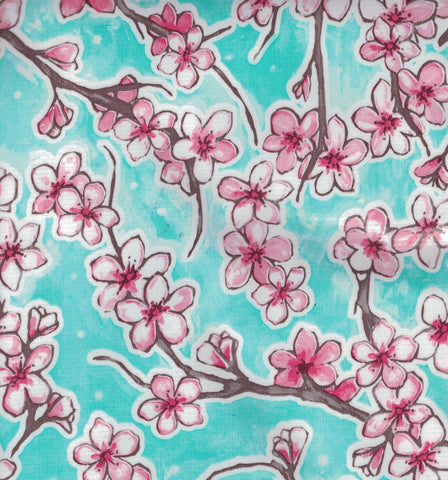 Seafoam Green Cherry Blossoms Oilcloth Fabric