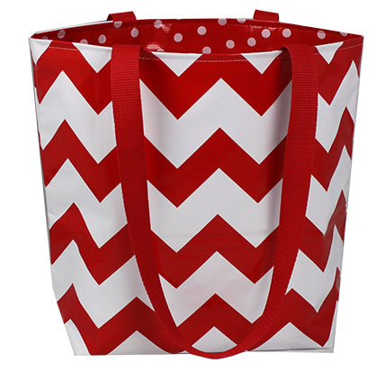 Reversible Oilcloth Totebag - Red Chevron with White on Red Polka