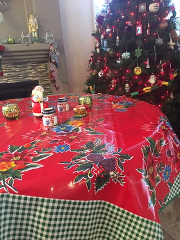Round Red Vintage Christmas Oilcloth Tablecloth