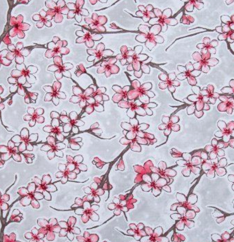 Silver Cherry Blossoms Oilcloth Fabric