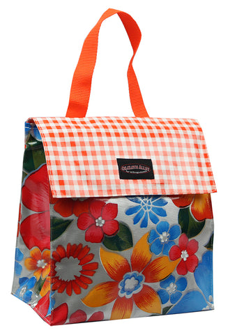 Oilcloth Insulated Lunch Bag - Silver Flora