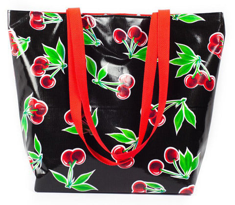Reversible Oilcloth Totebag - Black Cherry with White on Red Polka