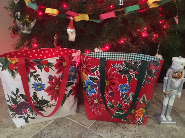 Red Vintage Christmas Reversible Oilcloth Totebag - Two Sizes