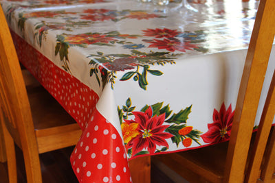 White Vintage Christmas Oilcloth and White on Red Polka Tablecloth 84" x 56"