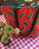Green Chili Pepper on Red Oilcloth Fabric