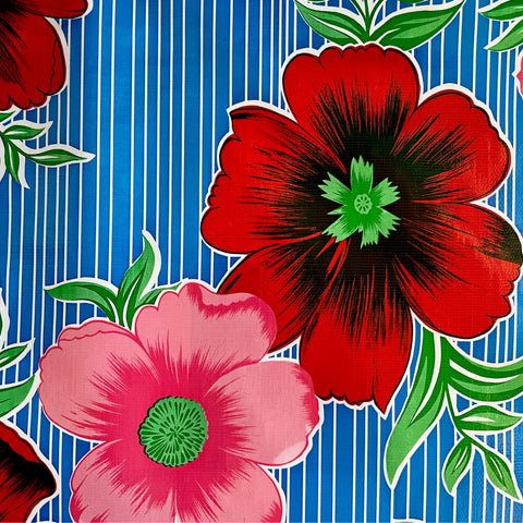 Royal Blue Bold Flower and Stripes Oilcloth Fabric