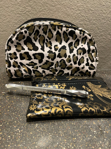 Gold Cheetah and Gold Toile Oilcloth Combination Set - Small Cosmetic Bag & Pouch