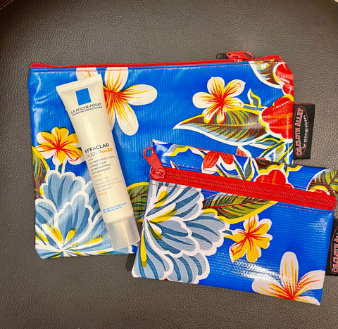 Blue Hibiscus Oilcloth Pouch Set,  Small & Medium