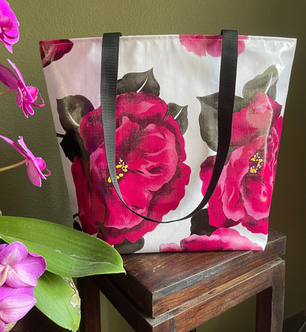 Reversible Oilcloth Totebag - Magenta Blossom with Black Gingham