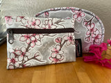 Silver Cherry Blossom Oilcloth Combination  Set - Mini Cosmetic Bag & Small Pouch