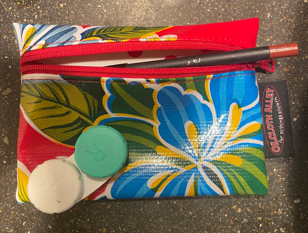 Red Hibiscus Oilcloth Combination Set - Small Cosmetic Bag and Small Pouch