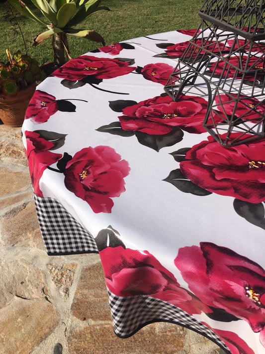 Round Magenta Blossom Oilcloth Tablecloths with Black Gingham Borders