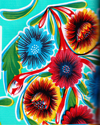 Aqua Spring Bloom Oilcloth Fabric