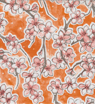 Orange Cherry Blossoms Oilcloth Fabric