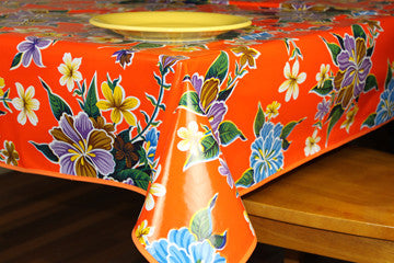 Orange Hibiscus Oilcloth Tablecloth 84" x 47"