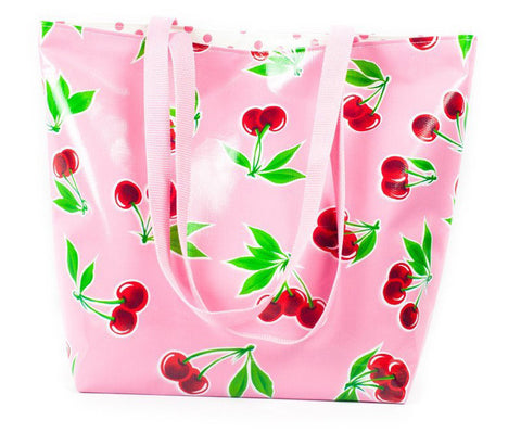 Reversible Oilcloth Totebag - Pink Cherry with Pink Polka