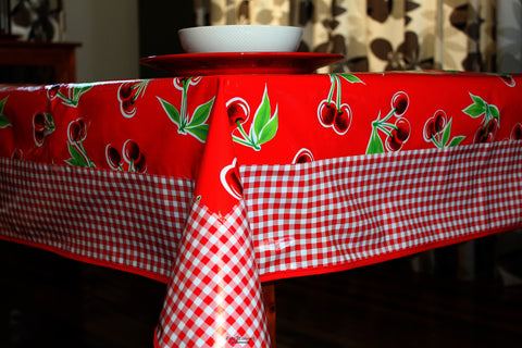 Red Cherry And Gingham Oilcloth Tablecloth 84" x 56"