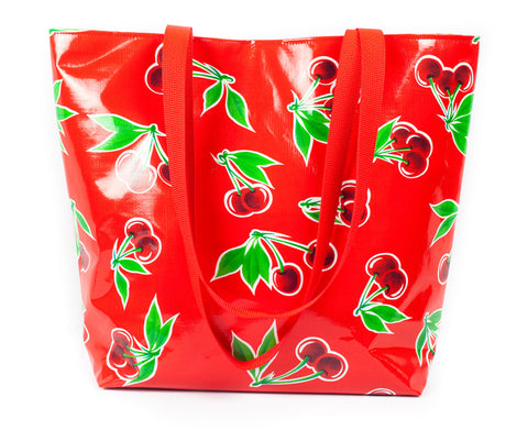 Reversible Oilcloth Totebag - Red Cherry with Red Gingham