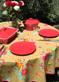 Round Tan Roses Oilcloth Tablecloth