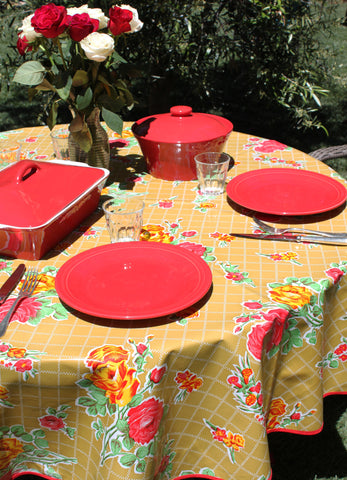 Round Tan Roses Oilcloth Tablecloth