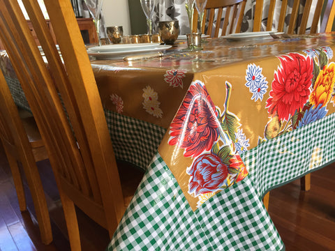 Tan Mums and Green Gingham Oilcloth Tablecloth 84" x 56"