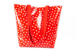 Reversible Oilcloth Totebag - White on Red Polka Dot with Black Cherry