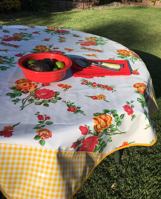 Round White Rose with Yellow Gingham Borders Oilcloth Tablecloths