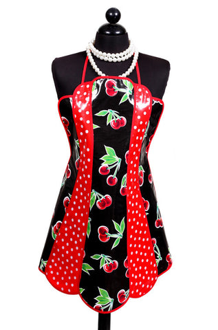 Retro Black Cherry and Polka Dot Oilcloth Apron